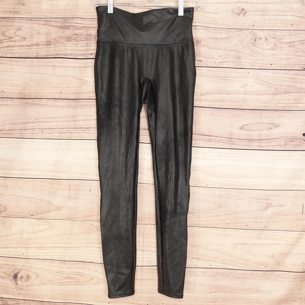 Spanx Leggings Womens M Black Faux Leather High Rise Ankle‎ Stretch Shaping